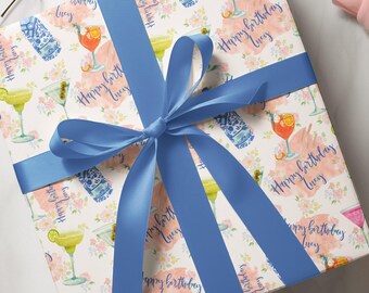 Cadeaupapier, vintage bloemen, aquarel verjaardagscadeau, elke leeftijd aangepaste gepersonaliseerde naam, thema champagne, inpakpapierrol