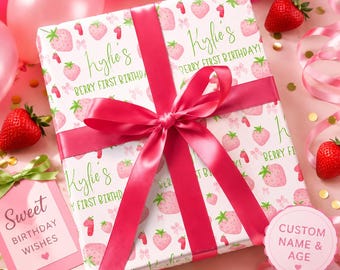 Gepersonaliseerd inpakpapier met bessenmotief voor de eerste verjaardag | Cadeaupapier met aardbeienmotief op maat | Eerste verjaardag met bessenmotief | Naam op maat | Cadeaupapier met foto
