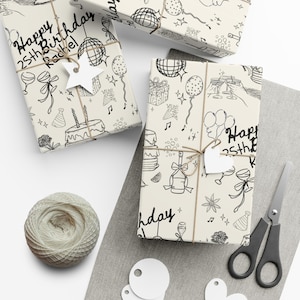 Verjaardagscadeaupapier, gepersonaliseerde cadeauverpakking voor elke leeftijd, champagnecocktails strikken, girly feestdecor, 21e 25e 26e 30e, Doddles afbeelding 2