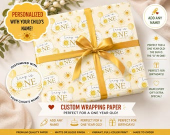 Gepersonaliseerd inpakpapier voor de eerste verjaardag | Zonneschijnthema verjaardagscadeaupapier | Cadeaupapier met eigen naam | Papier met zonneschijnthema | Zonneschijnthema cadeaupapier