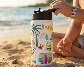 Tropiska surfklistermärken Vattenflaska, strandtema, specialdesignad vattenflaska, rostfritt stål