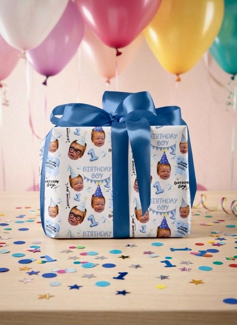 Personalized Face Wrapping Paper, Custom Photo Gift Wrap, Boys 1st Birthday Wrap, Custom Age Photo Wrap, Funny Face Birthday Paper image 2
