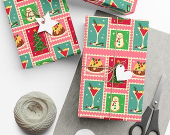 Gift Wrap Papers - Colorful Christmas Snowmen Cocktail Fun Wrapping Paper, Holiday Gift Wraps, Christmas Party Supplies, Festive Gift