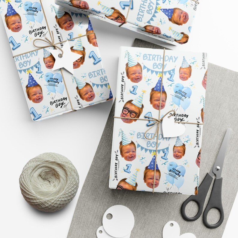 Personalized Face Wrapping Paper, Custom Photo Gift Wrap, Boys 1st Birthday Wrap, Custom Age Photo Wrap, Funny Face Birthday Paper image 6