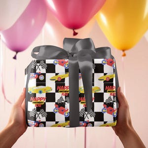 Wrapping Paper, Race Car Birthday Theme, Racer Cars Giftwrap, Racetrack, Personalized, Party Supplies, car birthday