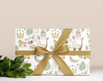 Inpakpapier babyshower, cadeaupapier babyshower, vintage cadeaupapier zwangerschap, houten babyspeelgoed, neutraal babyshowerpapier, genderneutraal