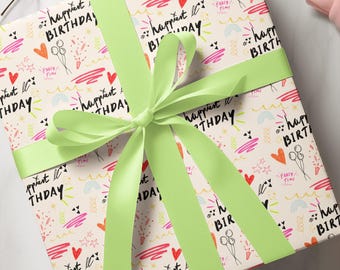 Inpakpapier, kleurrijke verjaardagscadeau krabbel, cadeau leraar, cadeau leraar, aangepaste wrap, knutselen, kleuterschool, meisje, feest, tekenleraar