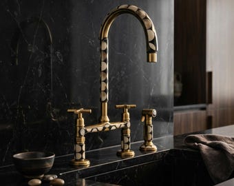 Handmade Art Deco Brass Kitchen Bridge Faucet, White & Gold Scallop Pattern