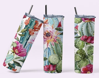 20oz Stainless Steel Skinny Tumbler, Cactus & Flower Insulated Tumbler With Straw, Floral Travel Cup, Gift For Her, Unique Succulent Design