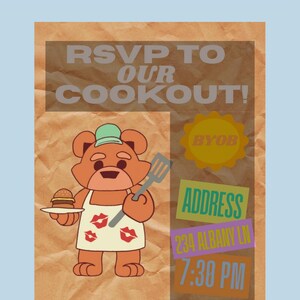 Puede incluir: Invitaci&oacute;n a una parrillada con un oso de dibujos animados con gorro de chef y delantal, sosteniendo una hamburguesa y una esp&aacute;tula. La invitaci&oacute;n incluye el texto "RSVP TO OUR COOKOUT!" y detalles como "BYOB", direcci&oacute;n y hora.