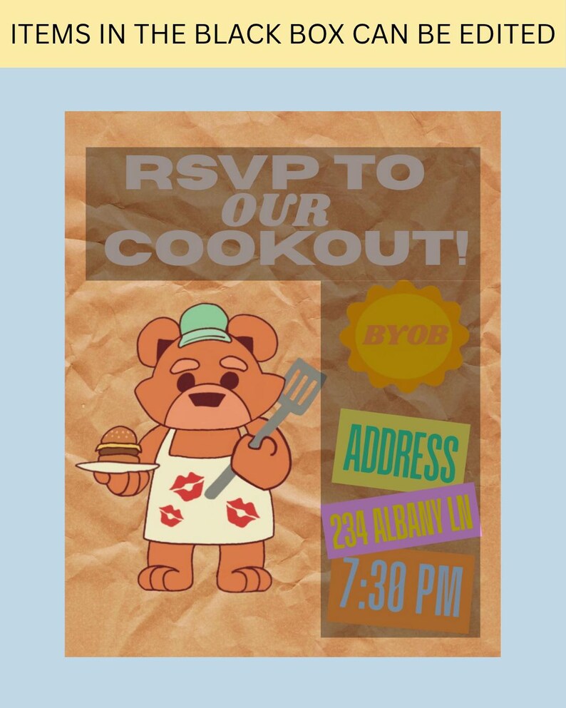 Puede incluir: Invitaci&oacute;n a una parrillada con un oso de dibujos animados con gorro de chef y delantal, sosteniendo una hamburguesa y una esp&aacute;tula. La invitaci&oacute;n incluye el texto "RSVP TO OUR COOKOUT!" y detalles como "BYOB", direcci&oacute;n y hora.