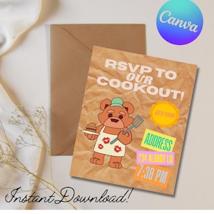 Puede incluir: Una tarjeta de invitaci&oacute;n marr&oacute;n con el texto "RSVP TO OUR COOKOUT!" y un oso de dibujos animados con un delantal. La tarjeta incluye la direcci&oacute;n "234 ALBANY LN" y la hora "19:30 PM". Tambi&eacute;n est&aacute;n presentes las palabras "Instant Download!".