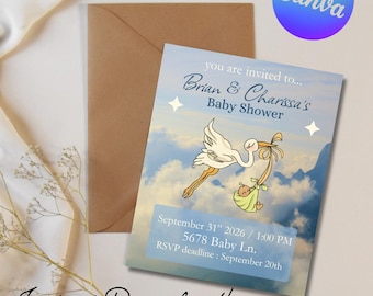 Invitación para baby shower con temática de cigüeña - INVITACIÓN DIGITAL con Canva