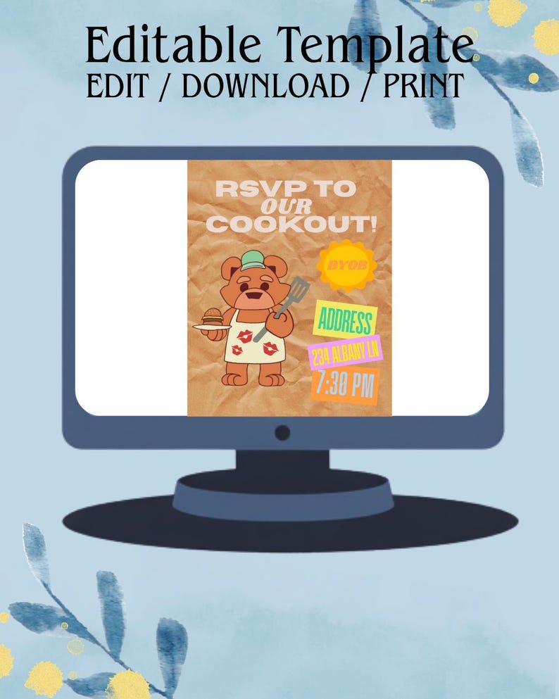 Puede incluir: Un monitor de computadora muestra una plantilla de invitaci&oacute;n a una barbacoa. La invitaci&oacute;n presenta un oso de dibujos animados como chef con una esp&aacute;tula y un plato. El texto incluye "RSVP TO OUR COOKOUT!" y detalles de la direcci&oacute;n.