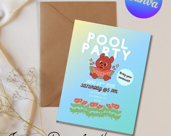 Invitación para fiesta de verano en la piscina: INVITACIÓN DIGITAL para descargar en Canva.