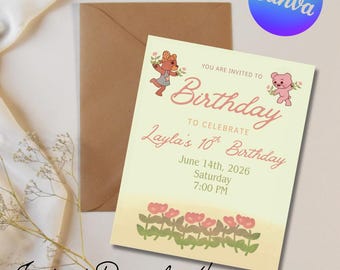 Invitación de cumpleaños para niña con diseño floral en tonos pastel: INVITACIÓN DIGITAL para descargar en Canva.
