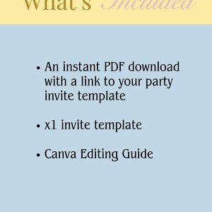 Puede incluir: Gr&aacute;fico de invitaci&oacute;n digital con el texto "What's Included" en dorado y morado claro. La imagen enumera una descarga instant&aacute;nea de PDF, una plantilla de invitaci&oacute;n y una gu&iacute;a de edici&oacute;n de Canva.