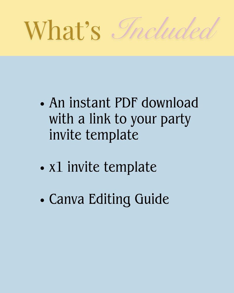 Puede incluir: Gr&aacute;fico de invitaci&oacute;n digital con el texto "What's Included" en dorado y morado claro. La imagen enumera una descarga instant&aacute;nea de PDF, una plantilla de invitaci&oacute;n y una gu&iacute;a de edici&oacute;n de Canva.