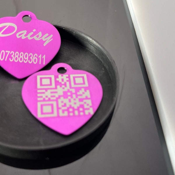 Purple Heart Shape Custom Pet Tag | QR Code Engraved Dog Tag | Personalised Dog Name Tag | Custom QR Code Engraved | Double-sided Pet ID Tag