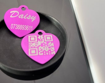 Purple Heart Shape Custom Pet Tag | QR Code Engraved Dog Tag | Personalised Dog Name Tag | Custom QR Code Engraved | Double-sided Pet ID Tag