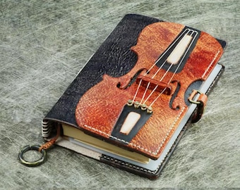 Quaderno musicale in pelle realizzato a mano: copertina per violino e violoncello, taccuino personalizzato.