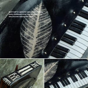Pu&ograve; includere: Copertina di taccuino in pelle nera con un'impronta di foglia naturale. La copertina presenta un design a tasti di pianoforte e rivetti argentati. Il testo sulla copertina recita: "Ogni foglia &egrave; una vera foglia naturale, rendendo ogni copertina di taccuino unica nel suo genere."