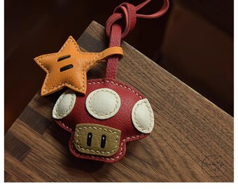 Handmade Leather Mushroom & Star Keychain: Super Mario Fan Gift