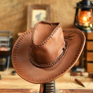 Handmade Crazy Horse Leather Cowboy Hat: Western Rider Sunshade