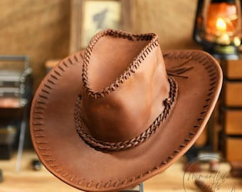Handmade Crazy Horse Leather Cowboy Hat: Western Rider Sunshade