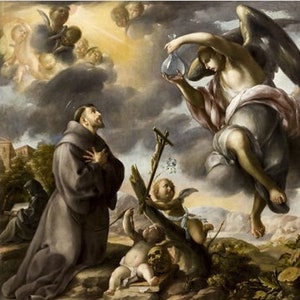 May include: A painting depicting a kneeling man in a brown robe receiving a vial from an angel in the clouds. Two cherubs are in the foreground, one holding a cross.