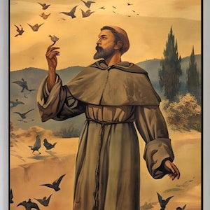 Digitales Bild Vintage Karte Heiliger Franziskus Assisi Vögel katholischer Druck Wand-Kunst-Leinwand Religiöses Plakat