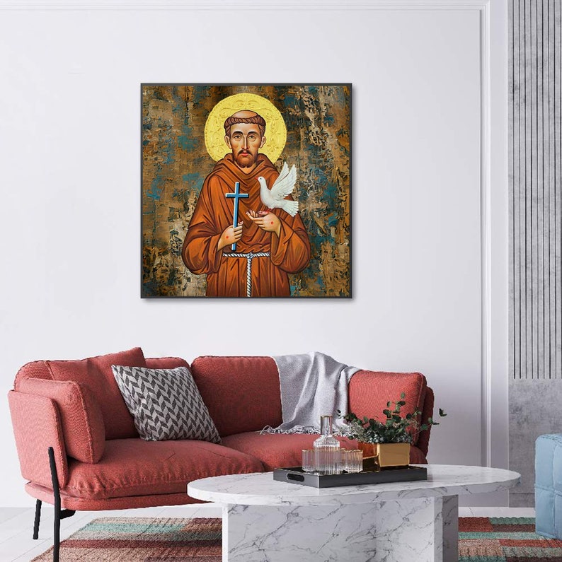 May include: A painting of Saint Francis of Assisi, a Catholic saint, holding a cross and a dove. The painting is done in a traditional style with a gold background and a textured surface.