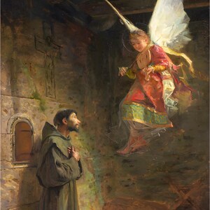 Saint Francis Vision of Angel Painting, Catholic Wall Art (Digital Restored Image) image 1