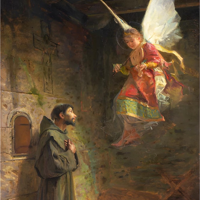 Saint Francis Vision of Angel Painting, Catholic Wall Art (Digital Restored Image) image 1