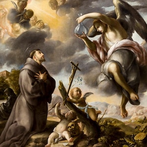 May include: A painting depicting a religious scene with a saint kneeling in prayer, an angel holding a vial, and a cherub holding a cross. The scene is set against a cloudy sky with a glimpse of a landscape in the background.