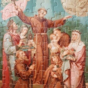 May include: A completed jigsaw puzzle featuring a religious scene with figures in brown robes, angels, and a blue sky background. The puzzle pieces are interlocked, showcasing the artwork's details.
