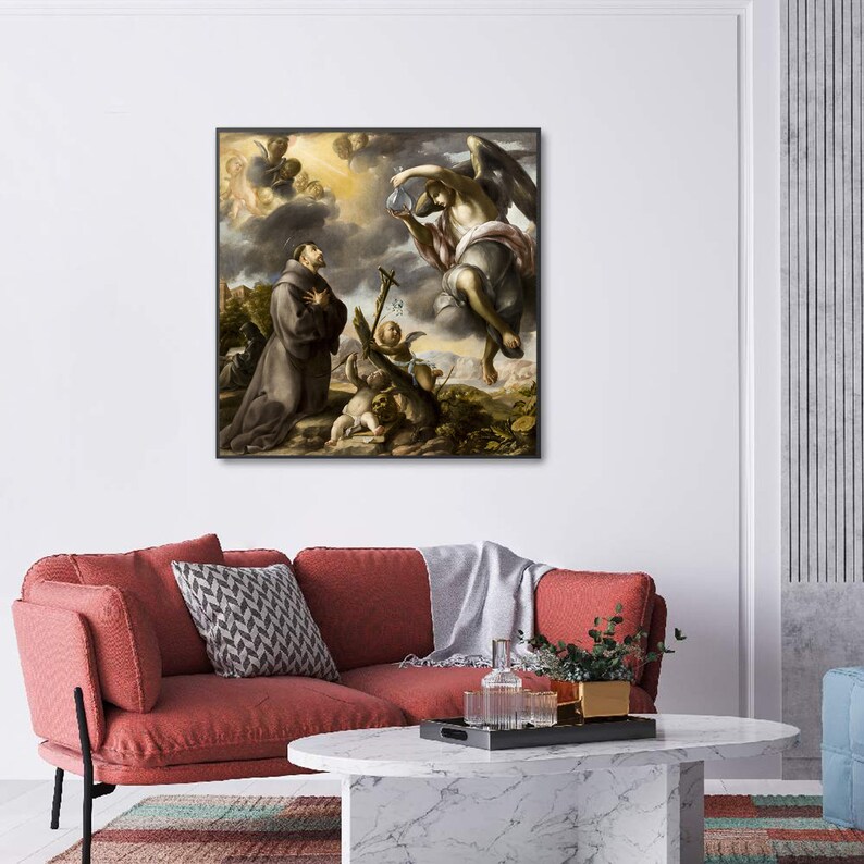 May include: A painting depicting a religious scene with a man kneeling in prayer, surrounded by angels. The scene is set in a landscape with a cloudy sky. The painting is framed in a black frame.