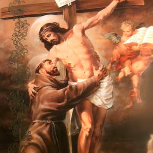 Lámina artística antigua de San Francisco abrazando a Cristo, devoción católica (imagen digital restaurada)