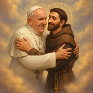 Op de afbeelding: Een schilderij van paus Franciscus die Sint Franciscus van Assisi omarmt. De paus draagt een witte soutane en een witte pet. Sint Franciscus draagt een bruine robe met een touwgordel. Ze lachen allebei en kijken elkaar aan.