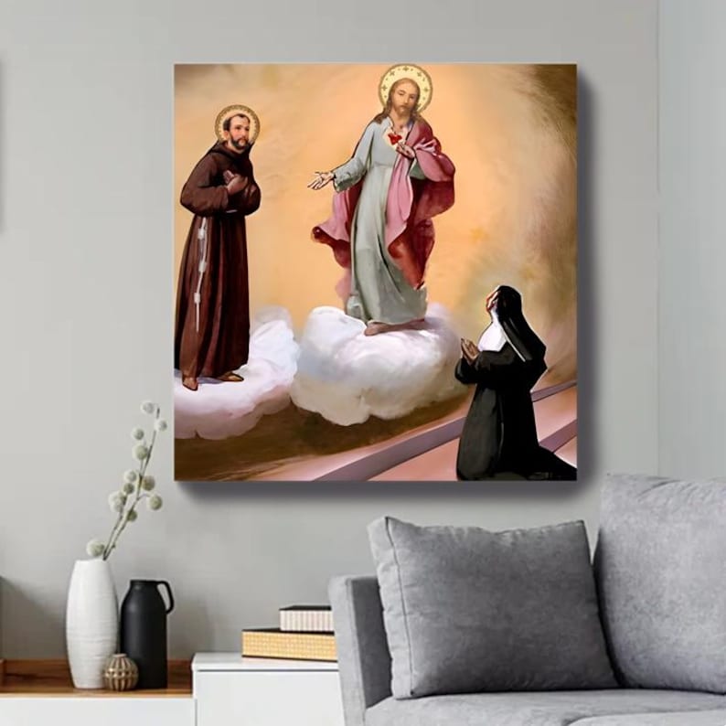 May include: A square wall art print depicting a religious scene with a central figure in a light blue robe and red cloak standing on a cloud, flanked by a figure in a brown habit on the left and a kneeling figure in a black habit on the right.
