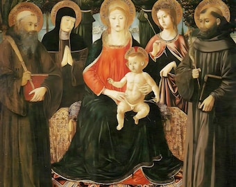 Blessed Virgin Enthroned with four Franciscan Saints elegant catholic art printable wall canvas