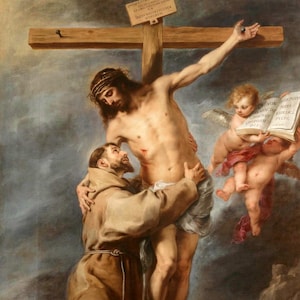 Saint Francis Christ Cross Murillo Religious Wall Art Canvas Cahotlic Print Poster Gift for Priest Friar Nun Secular Franciscan Home Decor