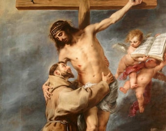 Saint Francis Embracing Christ Art Print: Murillo Catholic (Digital Restored Image)
