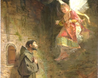 Saint Francis Vision of Angel Painting, Catholic Wall Art (Digital Restored Image)
