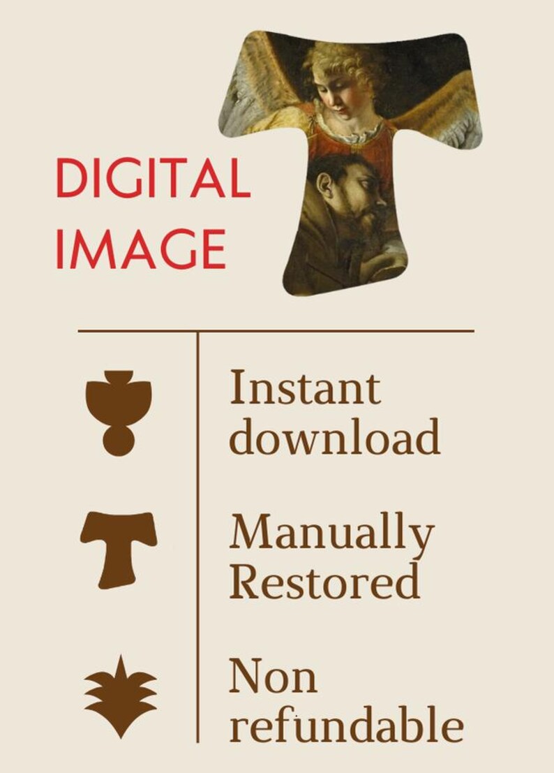 May include: Digital image of a painting depicting a man in brown robes with an angel above him. The image is available for instant download, is manually restored, and is non-refundable.