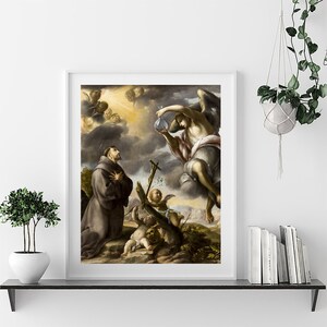 May include: A painting depicting a kneeling man in a brown robe, looking up at an angel with outstretched wings, holding a vial. The angel is surrounded by clouds and a golden light. The scene is set in a landscape with a rocky outcrop and a small tree.