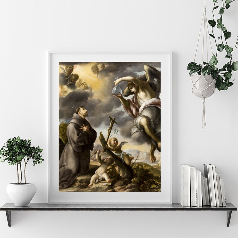 May include: A painting depicting a kneeling man in a brown robe, looking up at an angel with outstretched wings, holding a vial. The angel is surrounded by clouds and a golden light. The scene is set in a landscape with a rocky outcrop and a small tree.