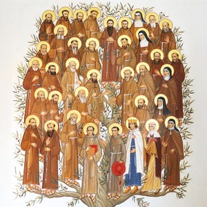 Lámina artística del árbol genealógico franciscano con los santos, regalo católico (descarga digital)