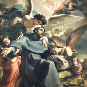 May include: A painting depicting a man in a blue robe surrounded by angels. The man has a beard and is looking down with a sorrowful expression. The angels have wings and are looking at the man with concern. The painting is set in a landscape with trees and clouds.