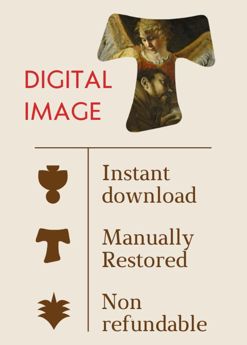 May include: A digital image file featuring a Tau cross shape containing a classical painting of an angel and a figure. The text reads DIGITAL IMAGE, Instant download, Manually Restored, and Non refundable, accompanied by three brown icons.